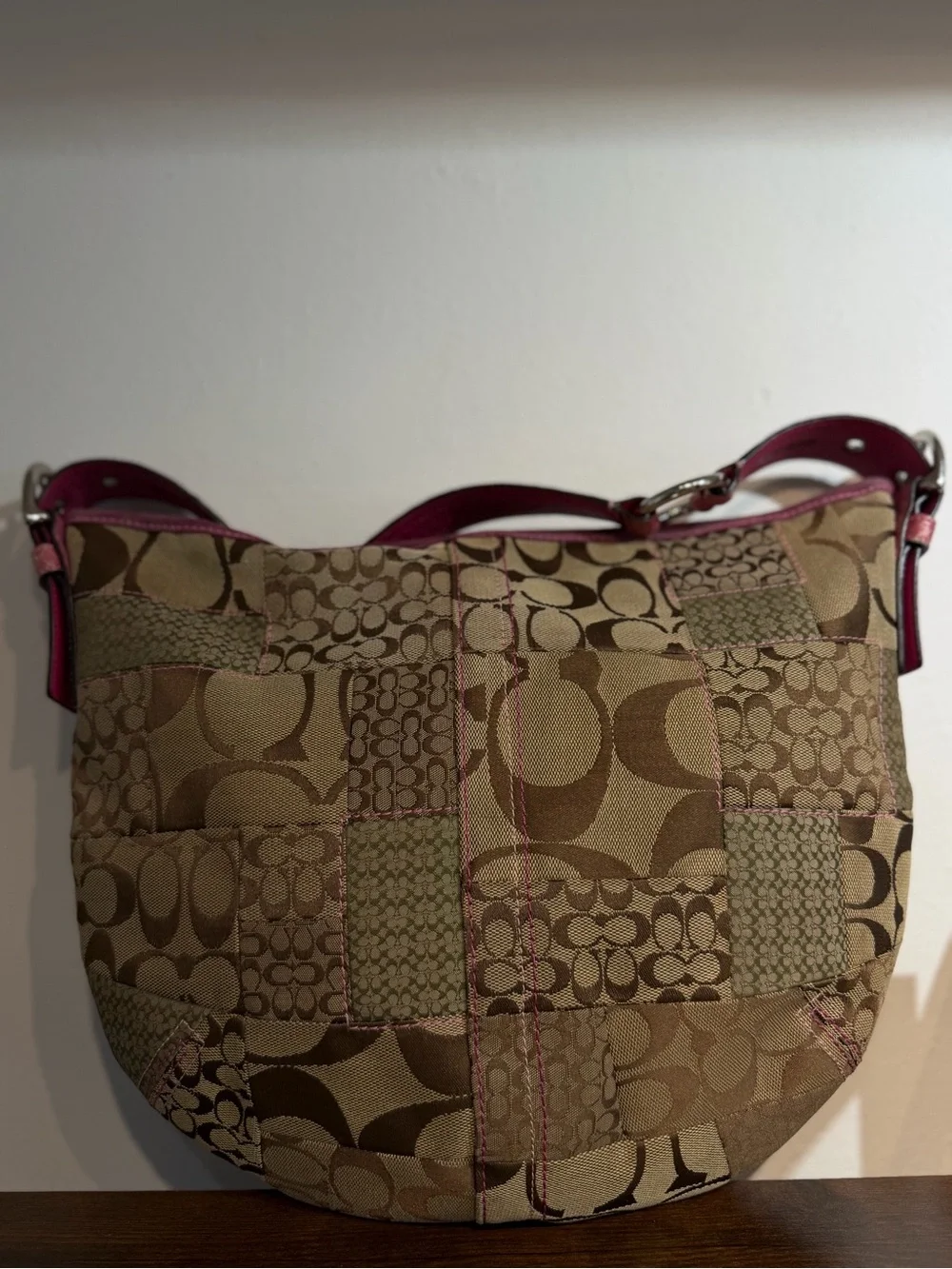 Coach Patchwork Signature Hobo in Khaki with Pink Trim